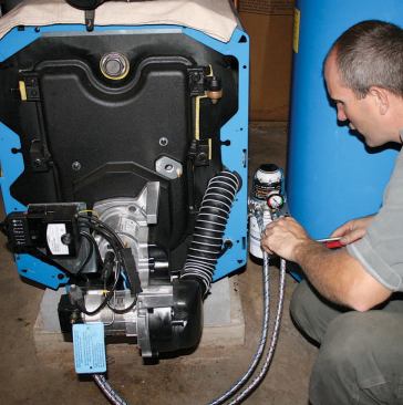 To provide warm, clean fuel for the burner, the boiler is equipped with a fuel line preheater and a 10-micron filter and deaerator, which removes air and gas bubbles in the fuel oil that can interfere with combustion.