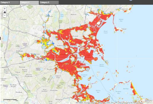 A direct hit from a worst-case Category 4 hurricane would subject much of the Boston metropolitan area to the risk of 9-foot deep floodwaters and battering waves, including East Boston, Logan Airport, South Boston, Roxbury, Jamaica Plain, Brighton, Brookline, and the suburbs of Cambridge and Medford. Even a more likely lesser storm (see next frame) could flood some parts of the city and its suburbs.