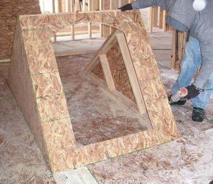 Front Wall: We held the sheathing back 3/4 inch at the top to allow the gable sheathing to lap the plate. We then filled in the rest of the front wall framing, doubling up the corner studs and installing trimmers and a sill.