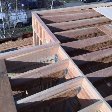 A view from above the roof of the roof and ceiling structure, showing the wood I-joists and their ripped 2x build-up.