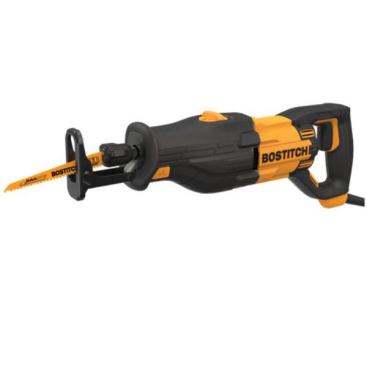 The Bostitch recip saw (BTE360K) cuts in straight and orbital settings, has a 1 1/8-inch stroke, and does 0-3,000 strokes per minute. The tool’s 8.5-amp motor puts it at the low end of the scale for a pro-grade corded recip saw (DeWalt’s entry-level recip saw has a 9-amp motor and it’s not unusual for recip saws to be rated at 12 or 13 amps). The Bostitch saw weighs 7.4 pounds and has a tool-less blade clamp and adjustable shoe. It comes in a kit box with one blade. MSRP: $90.