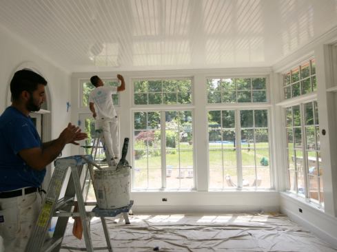 Even though all surfaces in the room, including the wood trim and ceiling, would be painted white, we took great care with the joints. We painted the ceiling and trim with Benjamin Moore Oil Satin “Impervo” and the drywall with Benjamin Moore “Aura” interior acrylic latex.