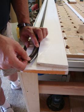 For some pre-hanging projects, rabbeted jambs are available cut to length to fit the door slab. If the jambs are weatherstripped, temporarily remove the weatherstripping while the jamb is prepared.