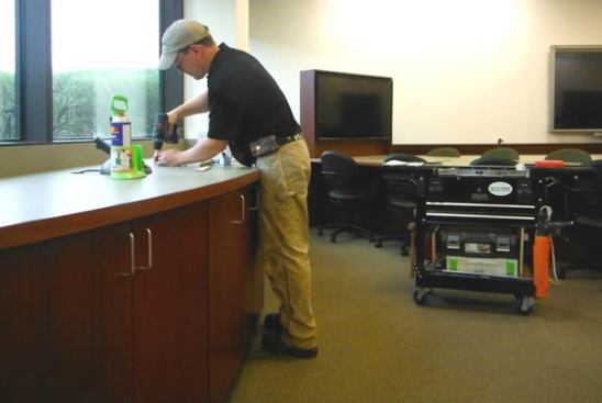 Much of my work takes place in commercial spaces so it’s no big deal to roll the cart wherever I go. It contains everything I need to do the job and working off of it is far more comfortable than carrying a whole bunch of tools in a tool belt or tool vest.