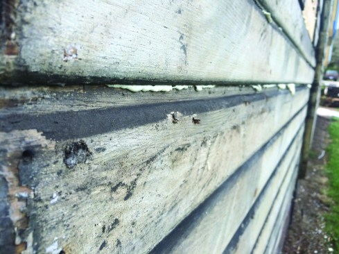 Foam quickly addressed major air leaks like the big gaps between pieces of the existing board sheathing.