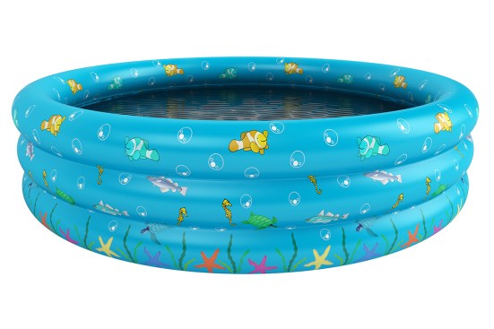 Circular turquoise blue inflated childs above ground swimming pool for keeping cool in summer isolated on white