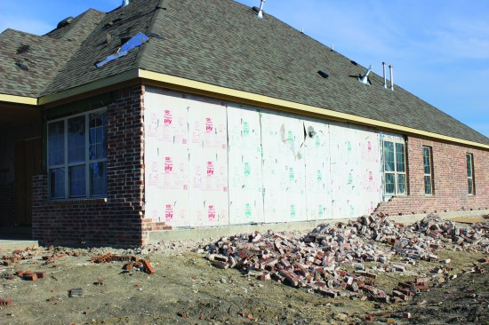 In another example, portions of a brick wall collapsed. âLateral flexibility within these structures is incompatible with rigid and brittle brick-veneer wall coverings,â notes the APA report.