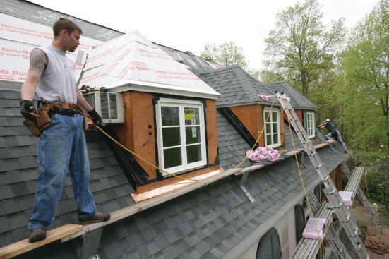 The finished assembly provides a clean-looking transition from the apron to the sidewall step flashing and allows for some flexibility if the shingle coursing doesn’t line up with the dormer.