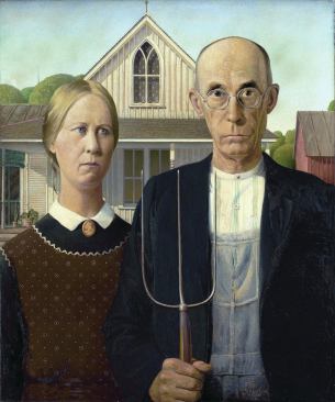 The couple in American Gothic are intended to represent a father and daughter, not husband and wife. The models were the painter’s sister, Nan, and their dentist, Dr. Byron McKeeby.