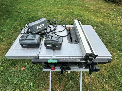 Shown in photo are a 10-Ah battery (foreground, at left), included with the 10-inch saw; a 6-Ah battery (foreground, at right), included with the 8 1/4-inch saw; and an adapter (behind), sold separately.