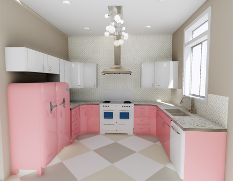 A rendering of the "tickle-me-pink" kitchen.