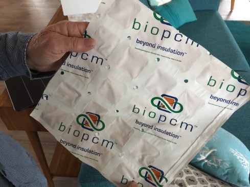 BioPCM, composed of pockets of natural wax in a sheet of plastic material, comes in lightweight sheets with a defined melting point that helps to stabilize room temperatures when installed behind drywall in walls or ceilings. (Photo by Ted Cushman)