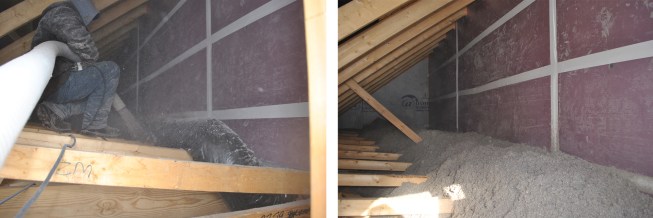 With the new foam-board air barrier in place and sealed with gun foam and tape, the crew augments the insulation wrap on the flexible heating duct with an additional 10-inch blanket of blown cellulose.