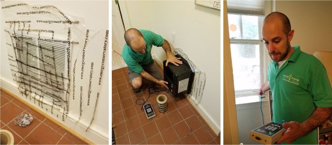 The author suspected a large hvac return duct of backdrafting a water heater. But masking off the return (left) had little effect. Measuring the airlow through the grille (center) revealed that the return flows were acceptable. Finally, room air pressure measurements (right) established that an upstair kitchen range exhaust was the true culprit.