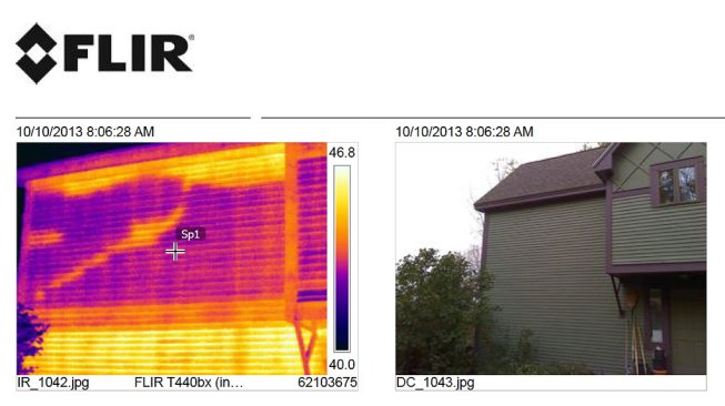 Another infrared scan of what should be a superinsulated foot-thick clear wall section shows settling of the insulation in the upper wall, and the clear image of a tunnel excavated by rodents.