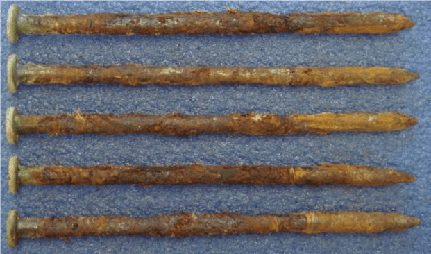 But note the severe formation of iron-rich red rust on the shafts of the nails. These are HDG nails that were embedded in ACQ-treated timbers at the inland study site at Judgeford for three years.