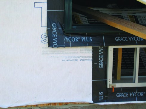 Flashing should be applied so as to direct water out and down on the drainage plane. Weep screeds at the bottom of the wall allow any water that soaks into the plaster to escape.
