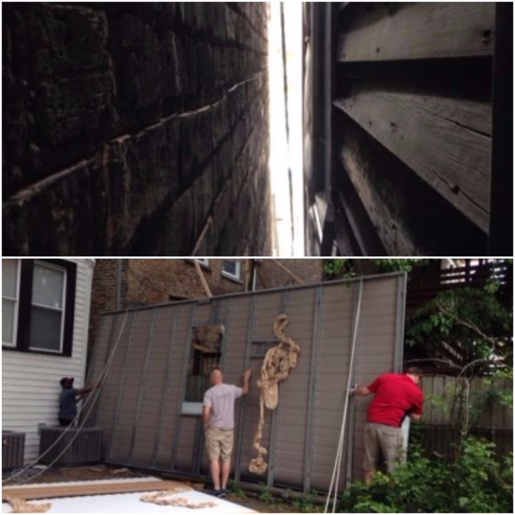 In a city, working closely do the neighbors doesn't always mean working on top of their home; sometimes it means working closely next to them. Case and her team had just six-inches of space in which to install new siding for their project (top image), so they attached it to a large panel and affixed the panel to the home (bottom image).