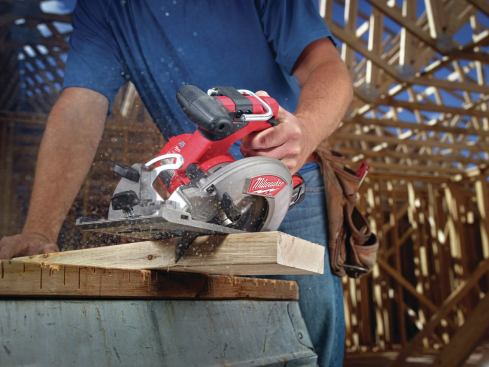 The 6 1/2-inch Milwaukee can cut through a 2-by at a 45-degree bevel. 