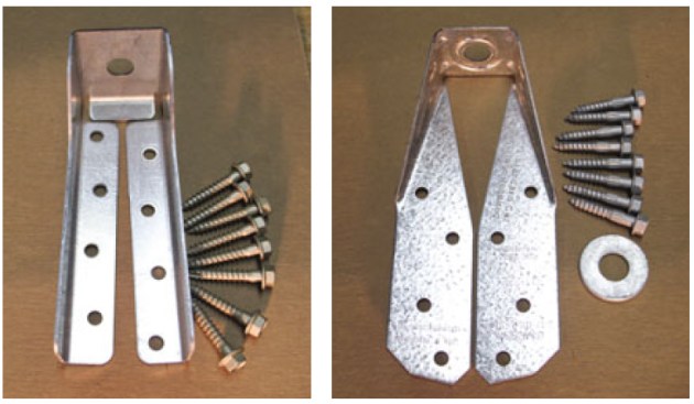 USP’s DTB-TZ (left) and Simpson’s DTT2Z (right) are two connectors that can provide IRC-required strength to a guardrail post. In addition to the structural screws shown, both require a 1⁄ 2-inch hot-dipgalvanized bolt to complete the connection.