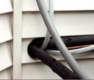 Unprotected wall penetrations. It takes only minutes for wall components to get wet, but it takes days weeks or months for them to dry out. If the wetting rate exceeds the drying rate of building materials, mold and decay can occur. Notice that there is no flashing around the air conditioner line set and electrical wires coming through the wall.