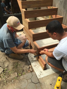The stair stringers were cut from 2x12 mahogany, while the risers, treads, and trim were crafted from 1x4 ipe.
