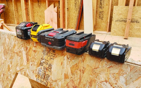 The high-amp batteries that drive these cordless saws come in a range of shapes and sizes. From left to right: Bosch; DeWalt; Skilsaw; Hilti; and Makita.