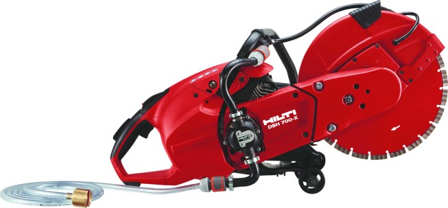 The most straightforward path to compliance when you’re cutting concrete or masonry is to use a wet cut-off saw. The Hilti DSH-700 (above) has an add-on water pump feature that complies where running water is
not available.