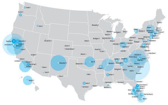 Map showing markets with 2017 Cost vs. Value projects delivering a 100%+ return
