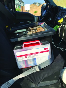 The author also keeps a 118-piece 3M first-aid kit in his truck at all times. It has enough variety of supplies to be useful in a number of situations. Because it is never not in his truck, he always knows where it is.