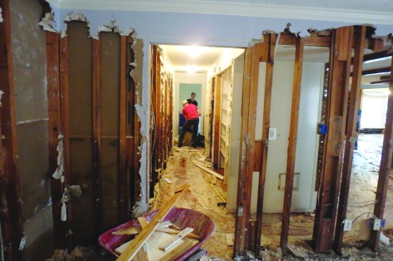 Cleanup. The first priority in any flood is to clean up, in order to minimize health risks and prevent ongoing damage from mold and rot. The author’s family and friends gutted out all the walls.