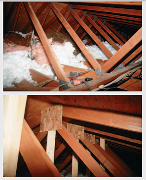 Figure 1. The first step in modifying the truss roof structure (top) was to add support posts from the peak to a bearing wall below (bottom). OSB gusset plates secured the connection.