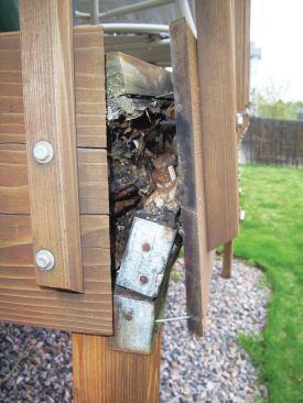 Fascia that wraps the decking in, also traps water against the framing.  Decay in these areas is prevalent and is also concealed from view.  Until the fascia was pulled out a bit, the owner of this deck had no idea there was a problem, and had just restrained the surface a month prior.