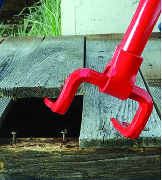 The head on the Deck Demon is fixed, with nail-puller slots on the tip of each prong. The tool is designed to “pop” deck boards loose from the framing, and can be used with decking that was installed with nails, screws, or hidden fasteners.