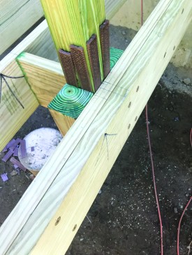 To help true up guard posts and lock them into position during installation, the author uses composite shims.