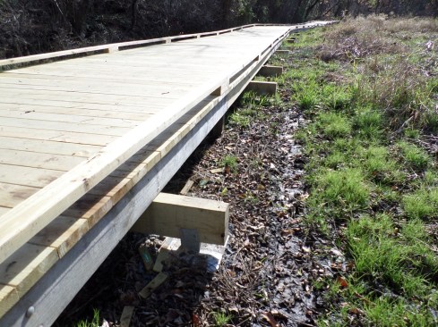 The anchors support new 4x8 PT crossbeams, which in turn reinforce and help to level the existing boardwalk framing. New 2x6 PT decking was also installed to complete the repairs.