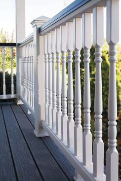 White or light-colored balusters tend to make the eye stop at the edge of a porch or deck (if the deck is close to a neighbor’s house, for instance). But if you want to look past the railing at the surrounding landscape, use dark-colored ones.