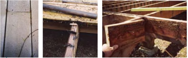 Most carpenters space deck boards too tightly (left), leaving enough room for debris to get in but no way to clean it out. On this deck, organic matter collected at every gap and joint (center), as well as between a rim joist and blocking that landed under a gap in the deck boards (right).