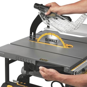 To install the blade-guard assembly, simply pull the external release lever and slip the guard into position.