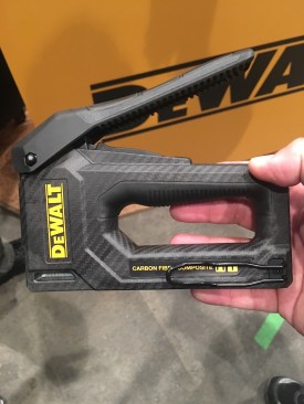 This is the DeWalt Carbon Fiber Composite Squeeze Tacker (model DWHT80276). It's a 2-in-1 tacker that's 50% lighter than the Arrow T50 stapler (seriously - it's incredibly lightweight). It shoots brads and staples and has a reversible belt hook. It'll be available this month. MSRP: $34.97