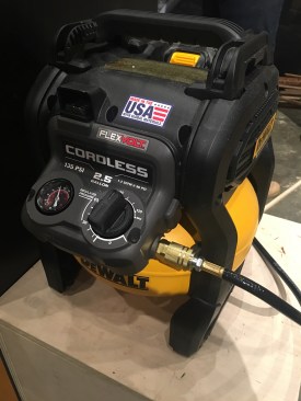 DeWalt released the DCC2560 FLEXVOLT® 60V MAX 2.5 Gallon Cordless Air Compressor just before the event. It can shoot 1200 brads on a single charge when equipped with a 6.0 Ah battery (using DeWalt's 18 GA Brad Nailer DWFP12233). Weight: 21.5 lbs (w/o battery). Cost for a kit: $299 MSRP comes with 6.0Ah FLEXVOLT® Battery (DCB606) and one fast charger (DCB118).