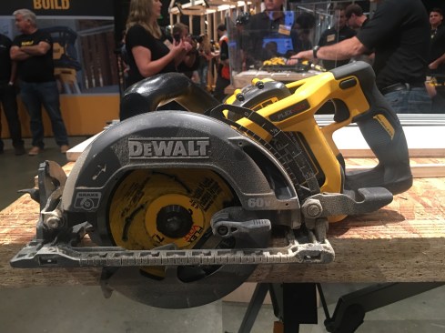 One of the biggest announcements at the media event was the 60V MAX 7-1/4” Framing Saw (DCS577). It's a rear handle, left-blade saw that looks and acts like a worm drive. I made a few cuts with it and was impressed by its balance, weight, and power. It has a rushless motor, electric brake, a 53° bevel capacity with stops at 45° and 22.5°, a magnesium shoe, a 2-7/16” depth of cut at 90°, and a rafter hook. It'll be available in two kits: the DCS577X1 with (1) DCB609 9Ah Battery and (1) DCB118 Charger for $399 MSRP; the DCS577T1 with (1) DCB606 6Ah Battery and (1) DCB118 Charger for $369 MSRP. It'll also be available as a bare tool (DCS577B) for $259. It'll be available this fall. 
