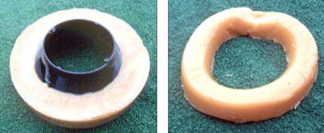 When setting toilets, the author always uses a wax ring with a built-in funnel (left). A plain wax ring (right) may eventually leak.