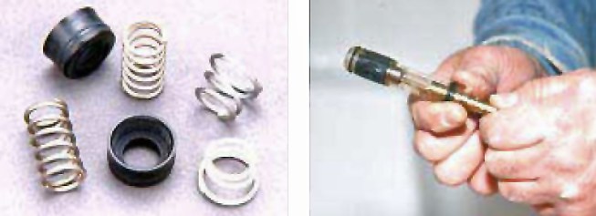 This Delta single-lever faucet repair kit includes new springs and gaskets (left); for other faucet designs, such as the Moen, the entire cartridge is replaced (right).