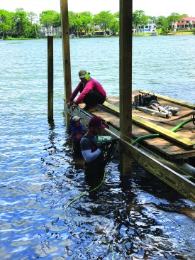 Then 2x8 stringers are nailed to pilings a minimum distance above the water level, per state and local codes.