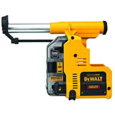 Most tool manufacturers offer Table-1- compliant, onboard attachments, like this DeWalt shroud, which is designed to contain dust, as well as pull dust away from the hole.