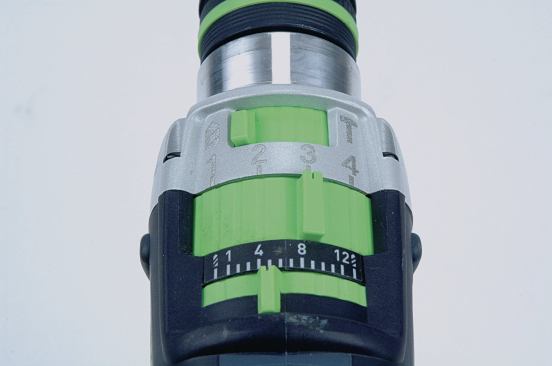 Festool's clutch is electronically controlled to shut the tool off as soon as it reaches a set level of resistance. Raising or lowering the clutch setting also affects the motor speed—a feature designed to deliver torque more precisely. There is a full power "drill" setting position at either end of the sliding switch so a user can change from driver to drill mode quickly without looking at the switch.