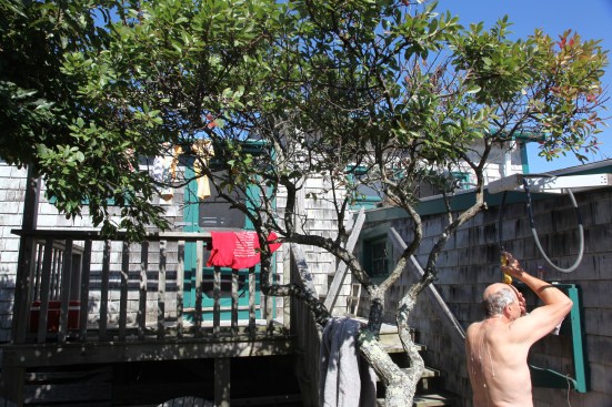 A black plastic container is the solar water heater for a gravity fed shower. The water never got warm enough for comfortable bathing.