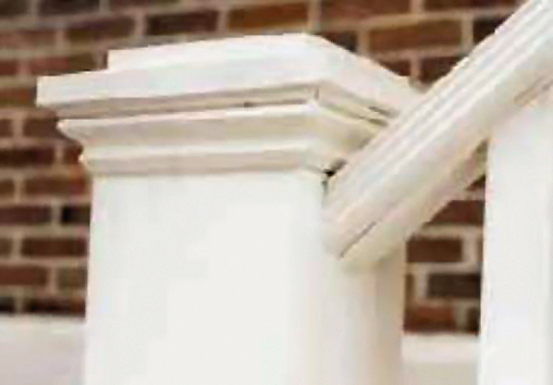 Figure 7. Prevent water penetration where rails join newels by adequately priming the end cut of a rail. It also helps to avoid rails that are wider than 51/2 inches. When newels posts are wrapped, butt the rails directly against the trim instead of running rails through to the post where water will get trapped.