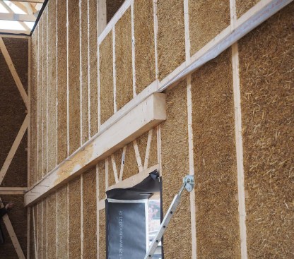 EcoCocon, a structural wall system offered to the U.S. market by Build With Nature, uses 15 3/4-inch-wide timber-straw panels with an R-value of 38.3.